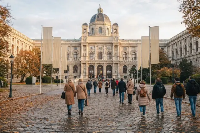 Ausstellungen Wien im Herbst: Besucher vor dem Eingang eines historischen Museums